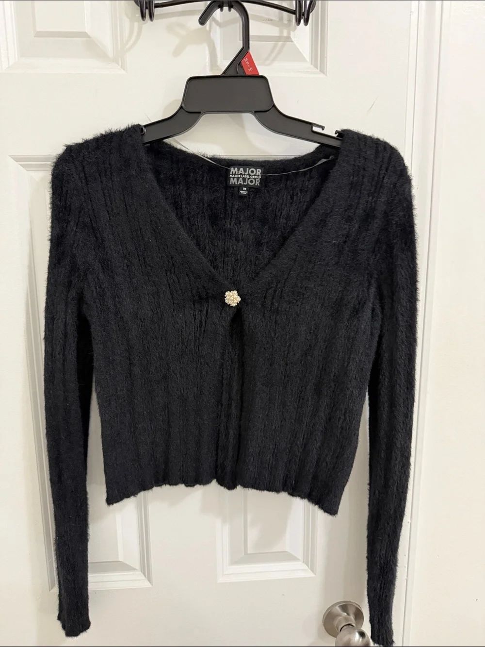 Black Fuzzy V-Neck Cardigan with Decorative Button Size Medium